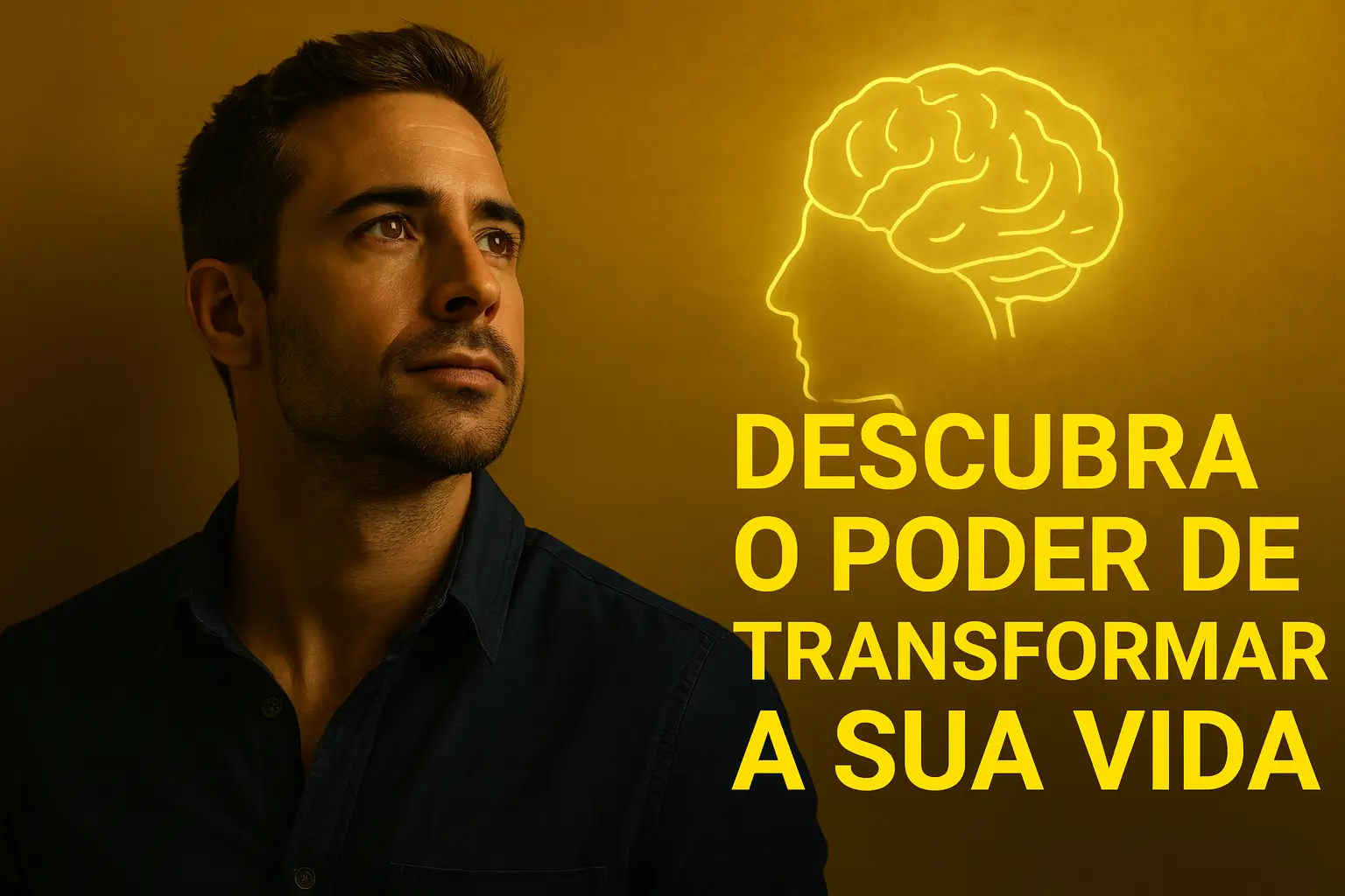 Homem confiante olhando para o horizonte com fundo dourado e luz suave, representando transformação pessoal, propósito e alta performance.