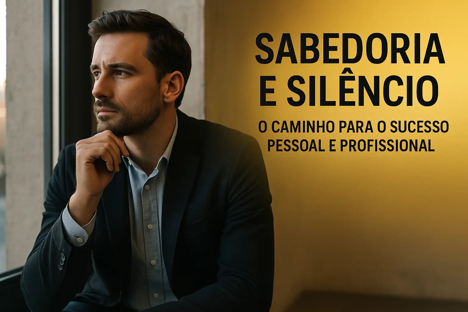 Homem refletindo próximo a uma janela com luz dourada, simbolizando sabedoria, silêncio e autoconhecimento como caminho para o sucesso pessoal e profissional no treinamento Progresso X.