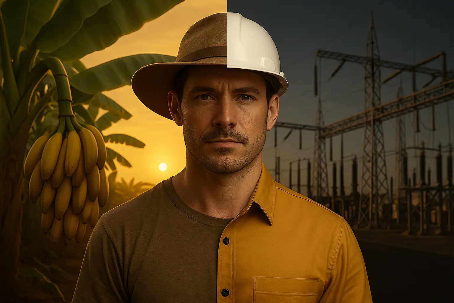 Homem com metade do corpo representando um trabalhador rural em um bananal ao pôr do sol e a outra metade como engenheiro em uma subestação elétrica, simbolizando transformação, superação e crescimento pessoal e profissional.