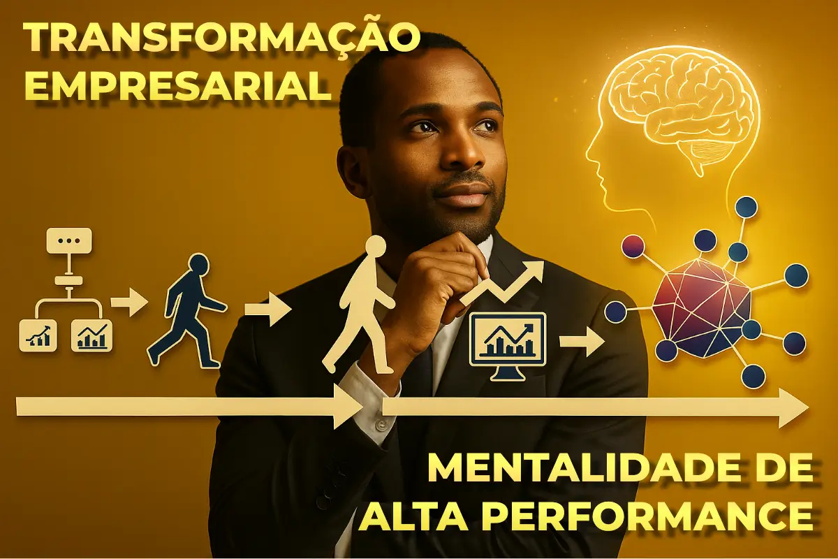 Profissional pensativo diante de um fundo dourado com ilustrações que representam a evolução da empresa, inovação e mentalidade de alta performance.