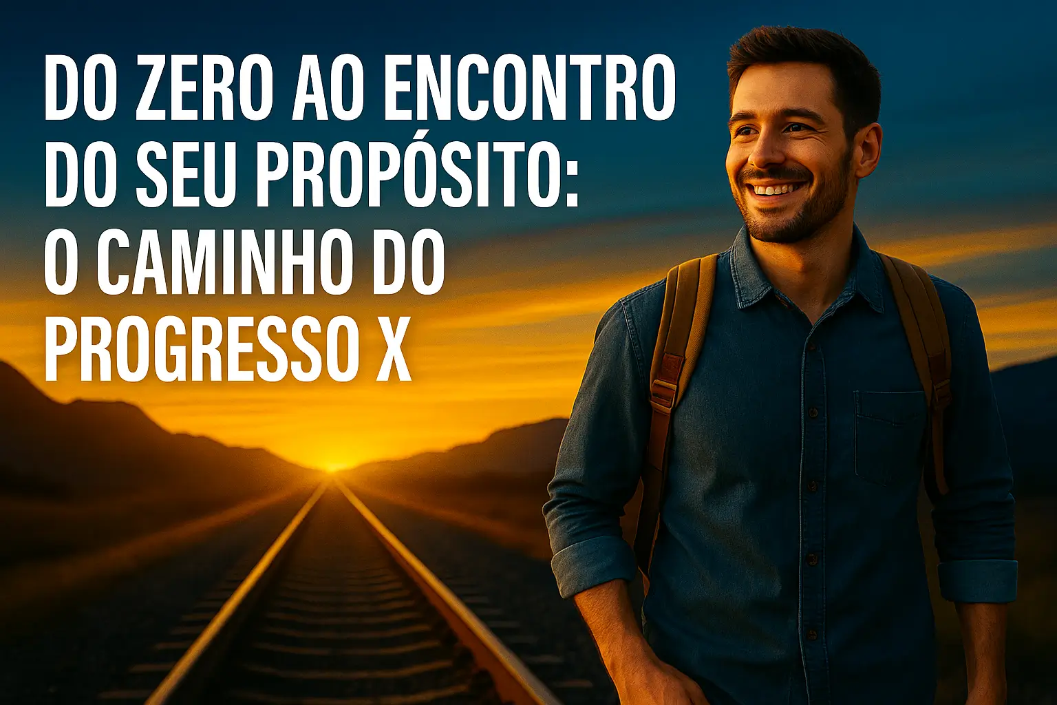 Homem sorridente caminhando sobre trilhos de trem ao pôr do sol, simbolizando o caminho do zero ao propósito de vida e profissional, com fundo dourado e azul do Progresso X.