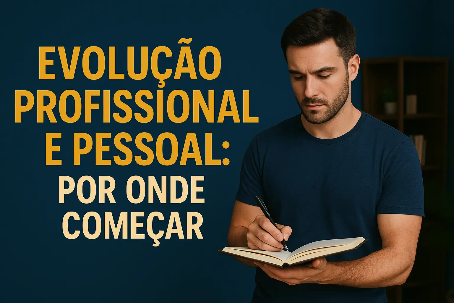 Imagem de um homem escrevendo em um caderno enquanto reflete, em frente a um fundo azul escuro. Ao lado aparece o texto “Evolução Profissional e Pessoal: Por Onde Começar”. A cena transmite foco, organização e intenção de crescimento pessoal e profissional.