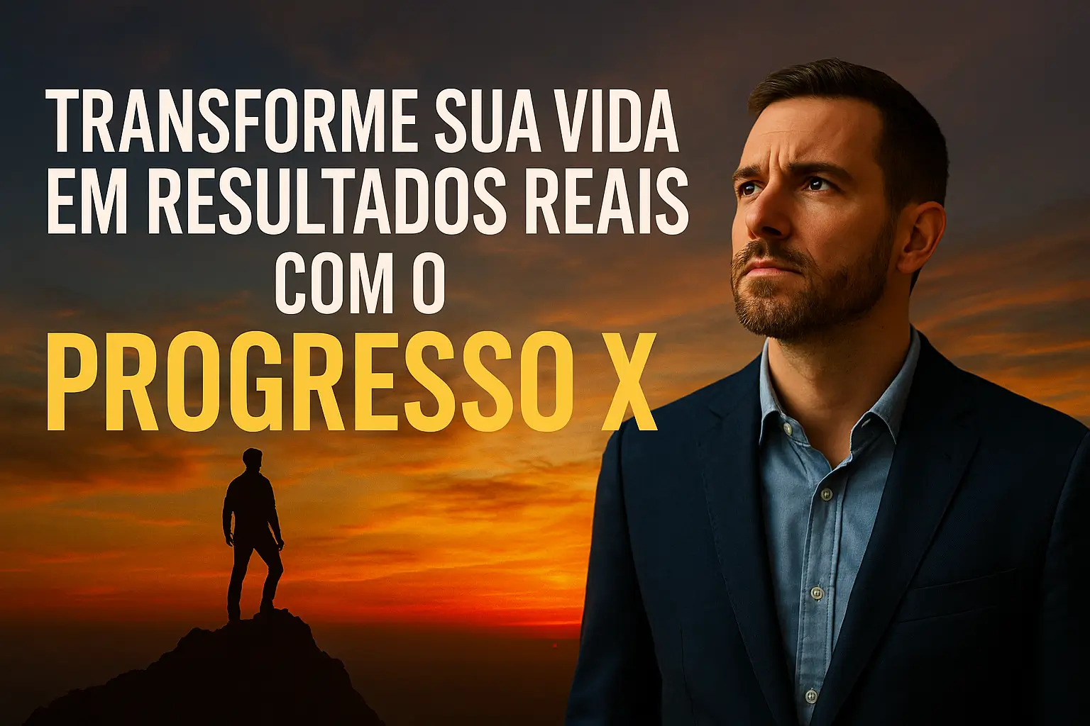 Homem olhando para o horizonte ao pôr do sol, simbolizando foco, determinação e transformação pessoal com o treinamento Progresso X.