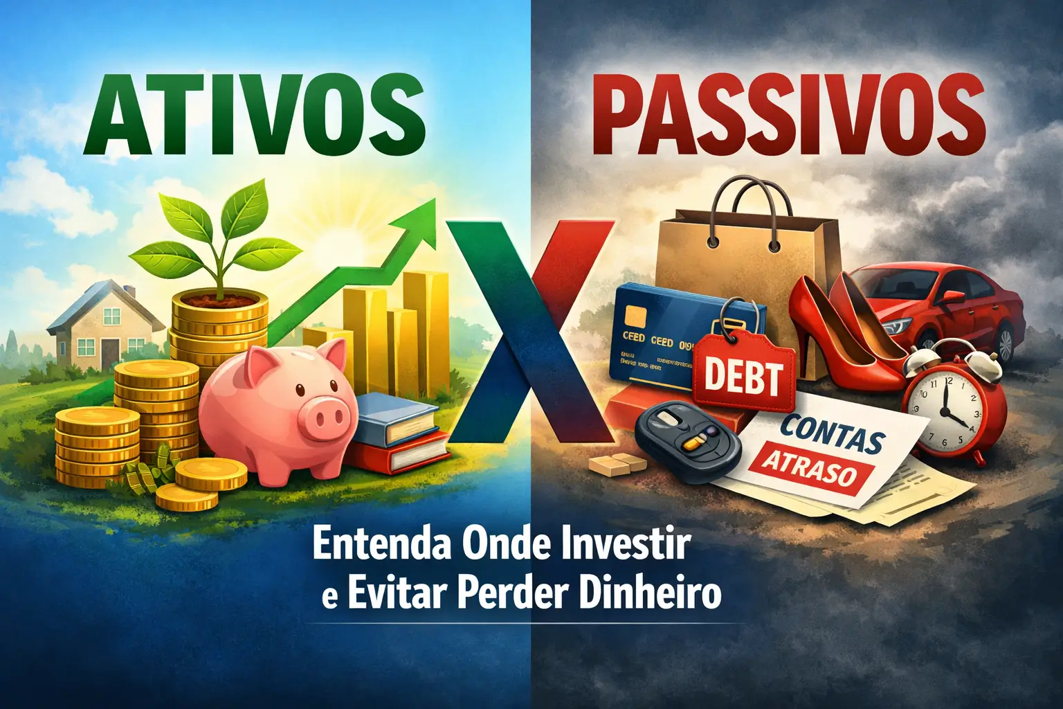 Ativos e passivos financeiros comparados, mostrando crescimento patrimonial com investimentos e controle financeiro de um lado e dívidas e despesas do outro