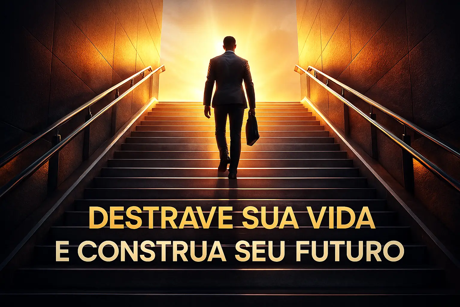 Homem subindo uma escada iluminada por uma forte luz dourada ao fundo, simbolizando progresso, superação e o conceito ‘Destrave Sua Vida e Construa Seu Futuro’.