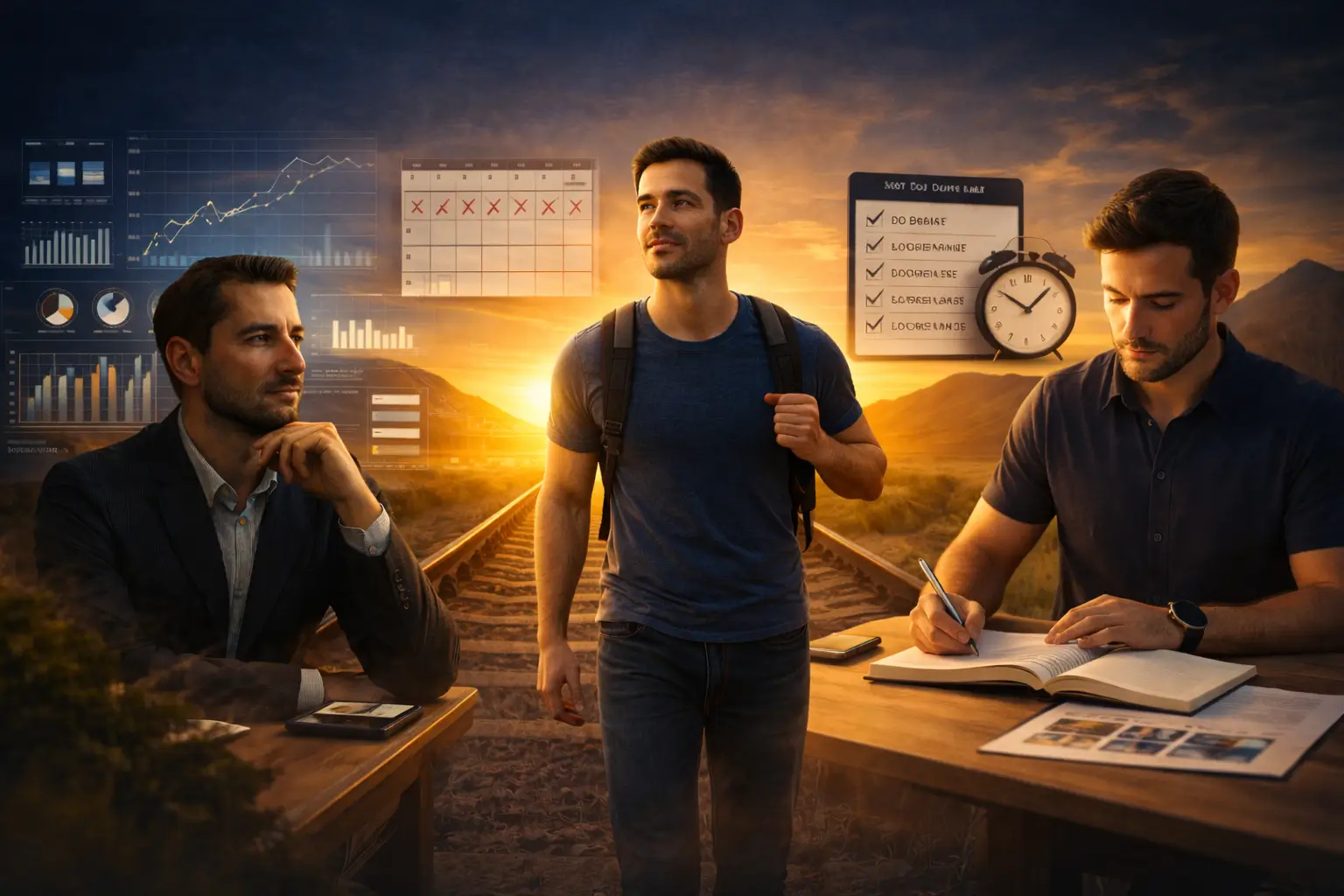 Homem caminhando com confiança em direção ao horizonte ao pôr do sol, com elementos visuais de planejamento, dados e rotina ao fundo, representando disciplina, foco e constância no desenvolvimento pessoal e profissional.