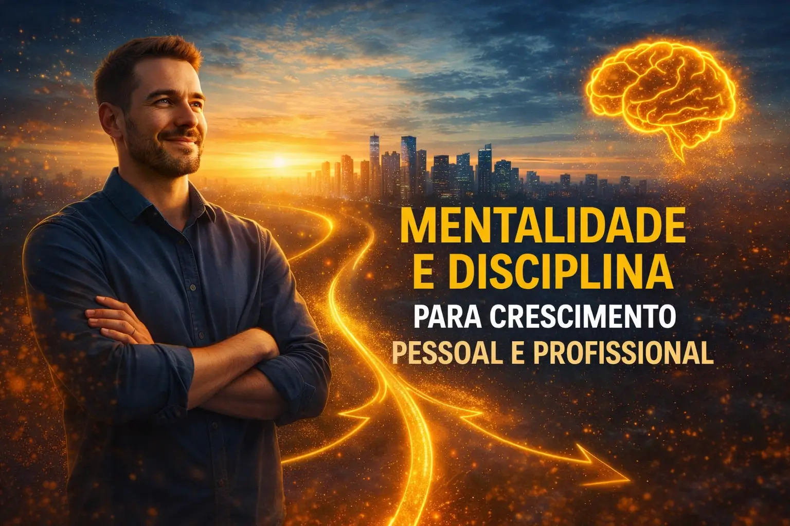 Homem confiante com postura profissional diante de um caminho iluminado em dourado e um cérebro brilhante, simbolizando mentalidade, disciplina e crescimento pessoal e profissional.