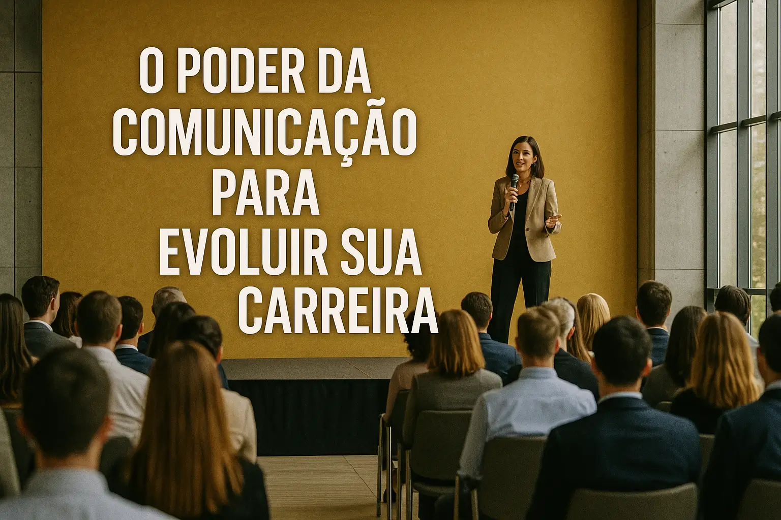 Palestrante apresentando para um auditório cheio sobre o poder da comunicação para evoluir a carreira, destacando crescimento profissional e desenvolvimento pessoal.