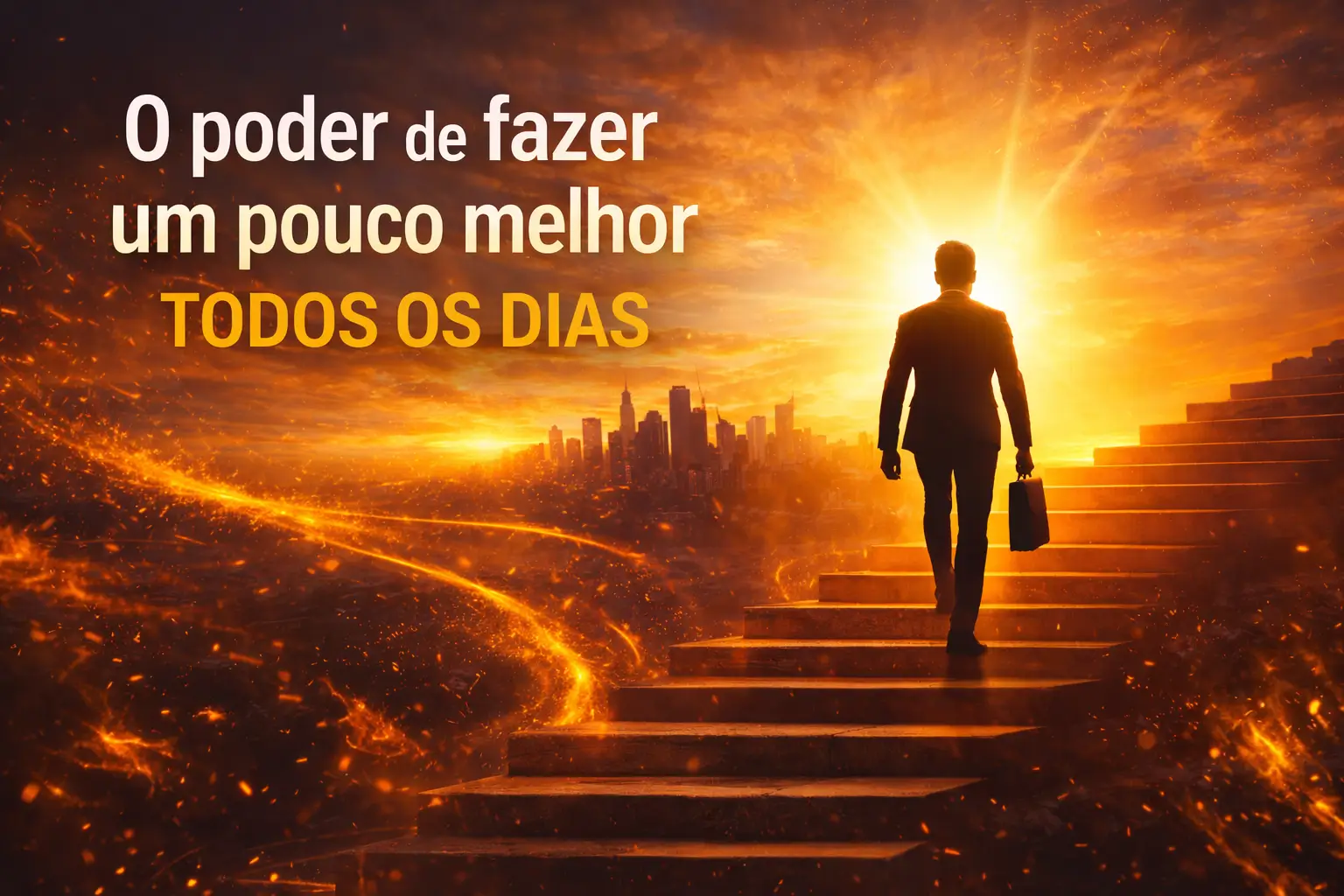Homem subindo degraus em direção à luz do amanhecer simbolizando crescimento pessoal, disciplina e o poder de fazer um pouco melhor todos os dias.