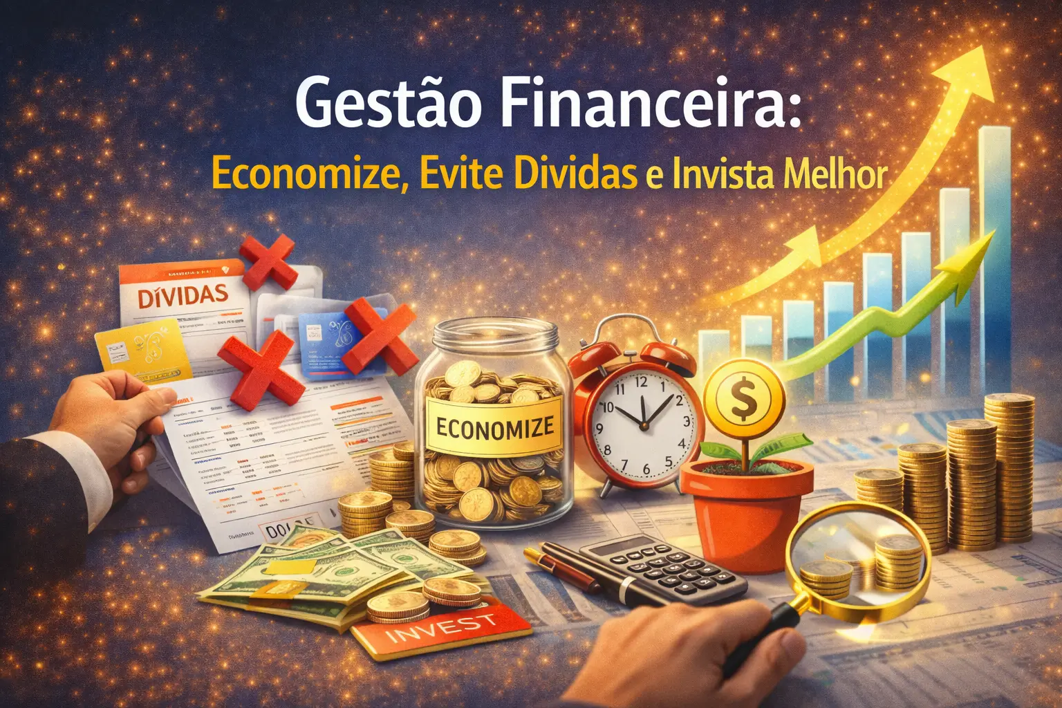 Imagem ilustrativa de gestão financeira mostrando economia, controle de gastos e investimento inteligente, com moedas, planilhas, gráfico de crescimento, documentos de dívidas eliminadas e símbolos de planejamento financeiro.