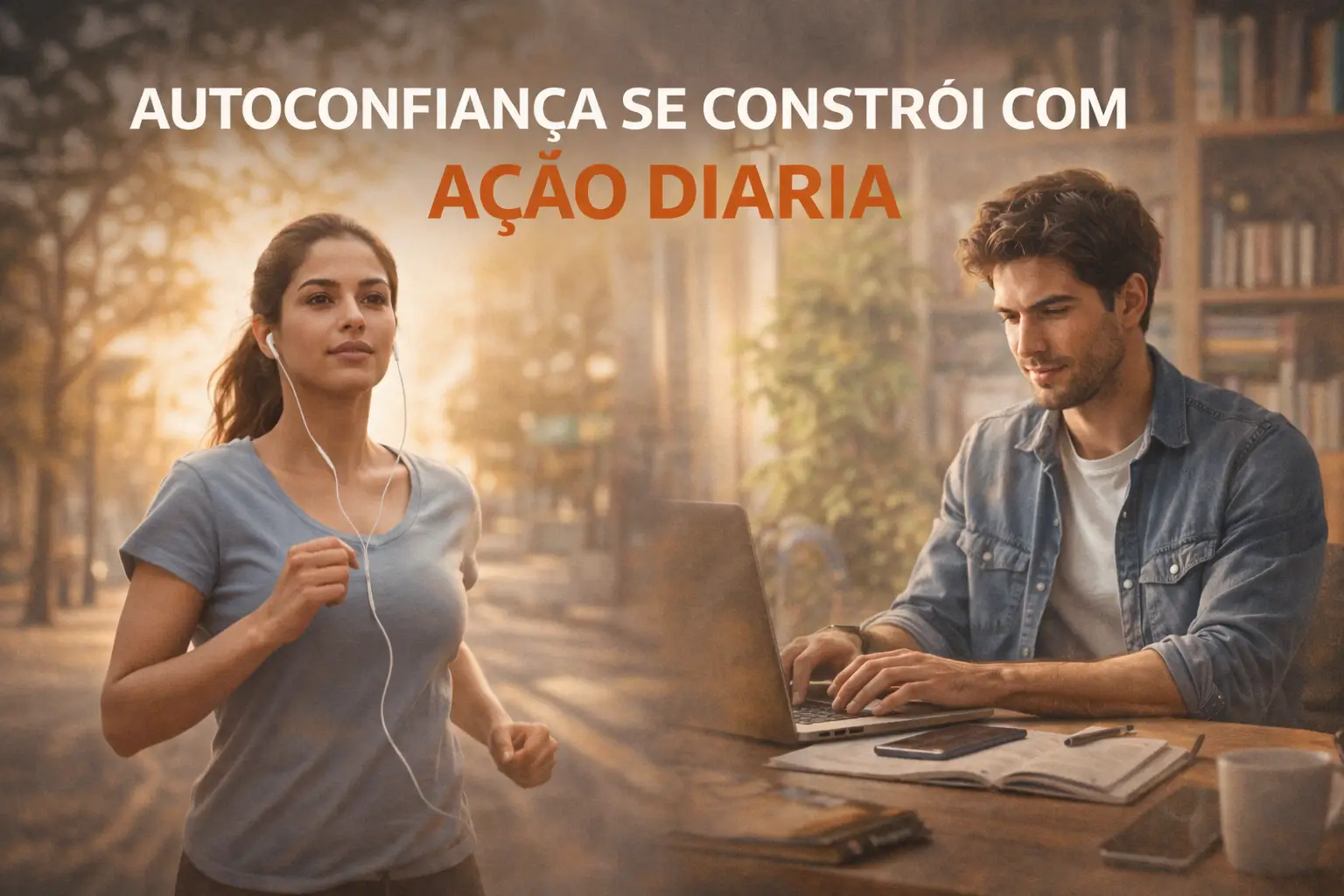 Mulher praticando corrida ao ar livre e homem trabalhando concentrado em um notebook, representando a construção da autoconfiança por meio de ações diárias consistentes.