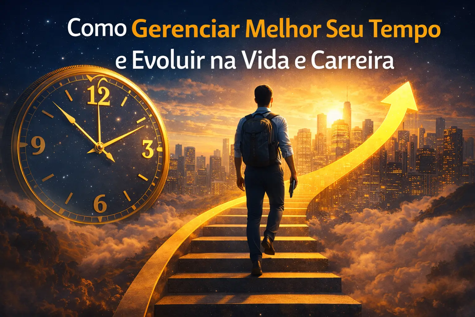 Pessoa caminhando por uma escada dourada em direção a uma cidade iluminada ao pôr do sol, com um relógio ao lado, representando Chegar Mais Longe: Gerenciar Seu Tempo na Vida e no Trabalho com foco, direção e crescimento.