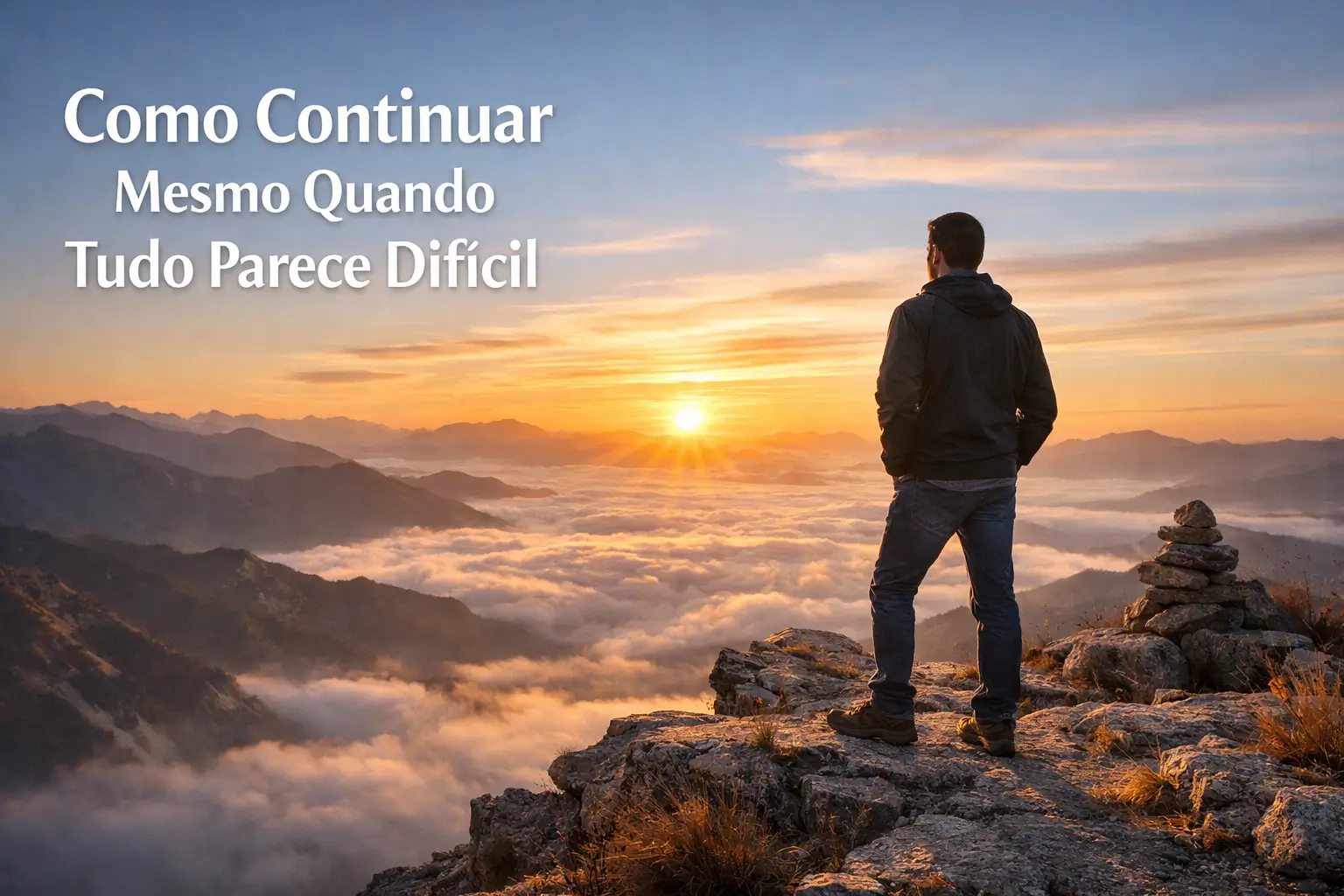 Pessoa em pé no topo de uma montanha observando o nascer do sol, simbolizando resiliência, clareza e a decisão de continuar mesmo quando tudo parece difícil.