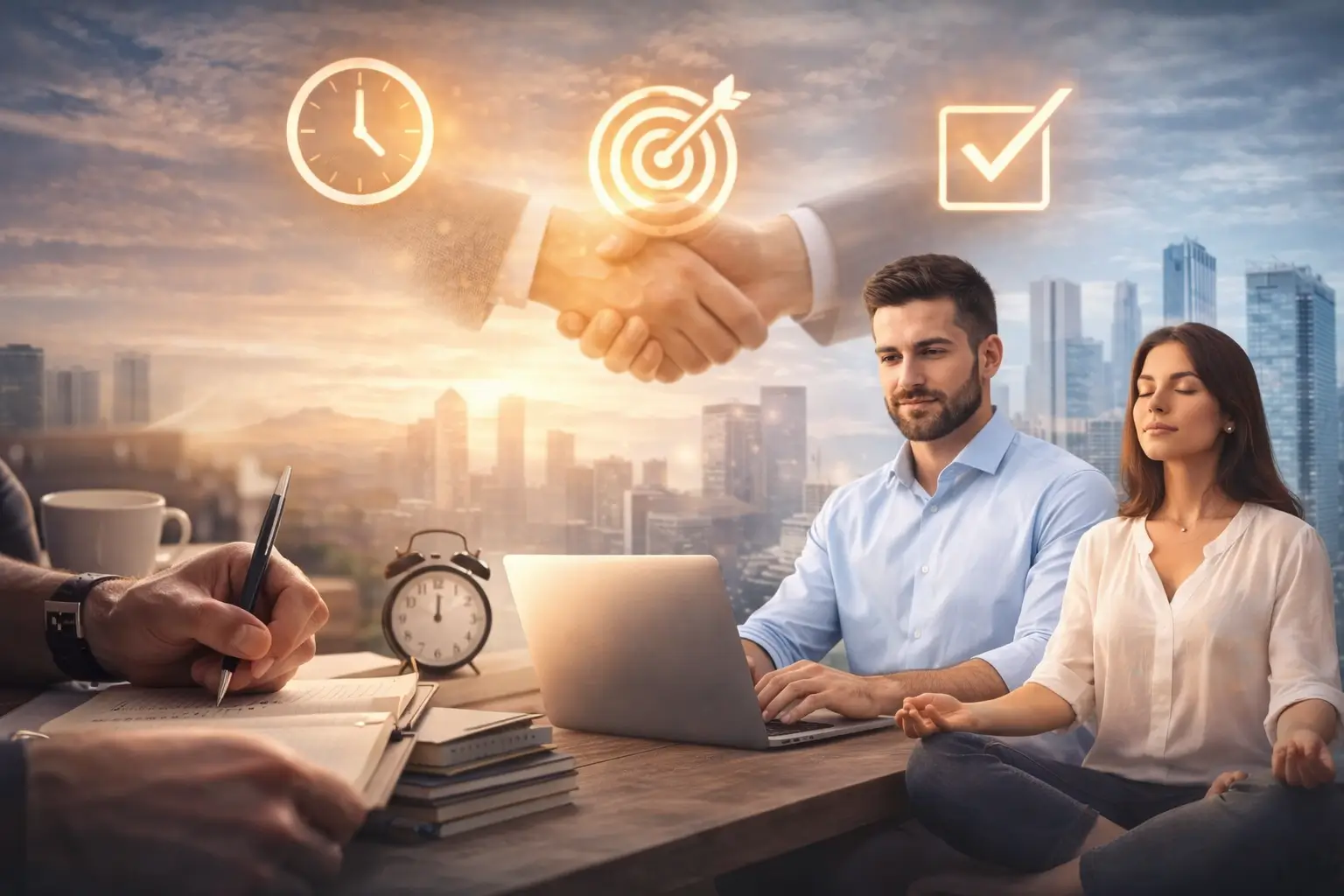 Imagem realista representando foco, disciplina e constância no dia a dia, com organização do trabalho, clareza mental, decisões conscientes e crescimento pessoal e profissional sustentável.