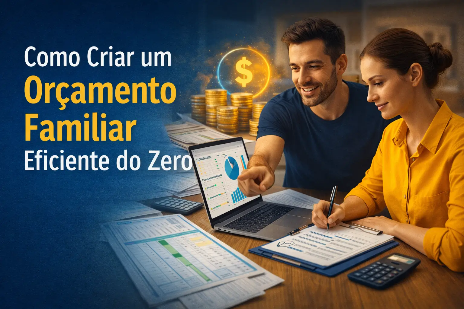 Casal organizando o orçamento familiar com planilha financeira no notebook, moedas douradas simbolizando economia e controle financeiro, em ambiente doméstico com tons azul e dourado.