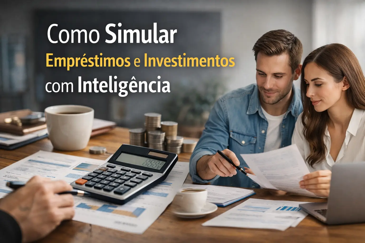Casal analisando documentos financeiros com calculadora e moedas, mostrando como simular empréstimos e investimentos com inteligência para tomar decisões seguras