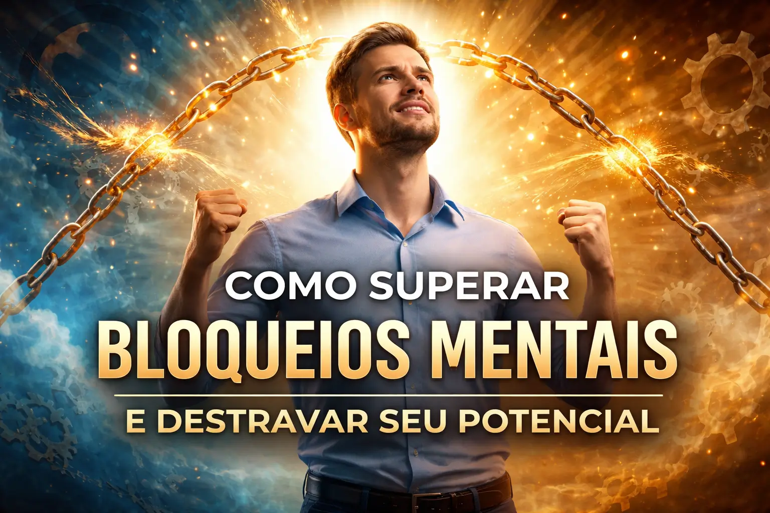 Homem rompendo correntes douradas, representando como superar bloqueios mentais e destravar o potencial pessoal e profissional