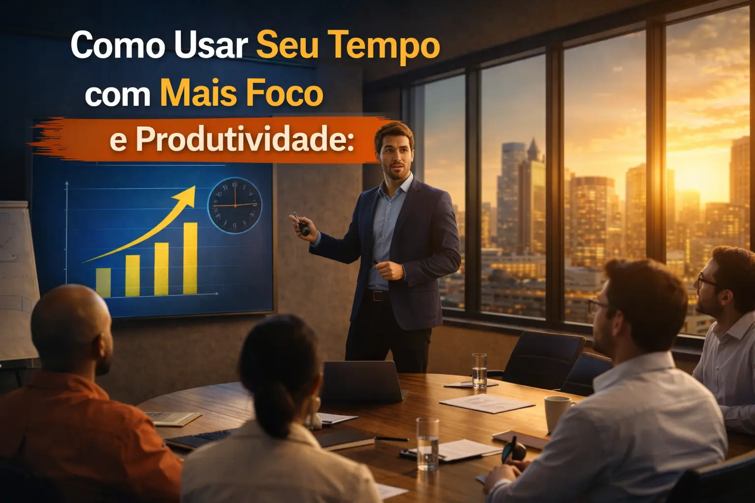 Imagem de profissional apresentando resultados em reunião corporativa, simbolizando como usar seu tempo com mais foco e produtividade no ambiente de trabalho.