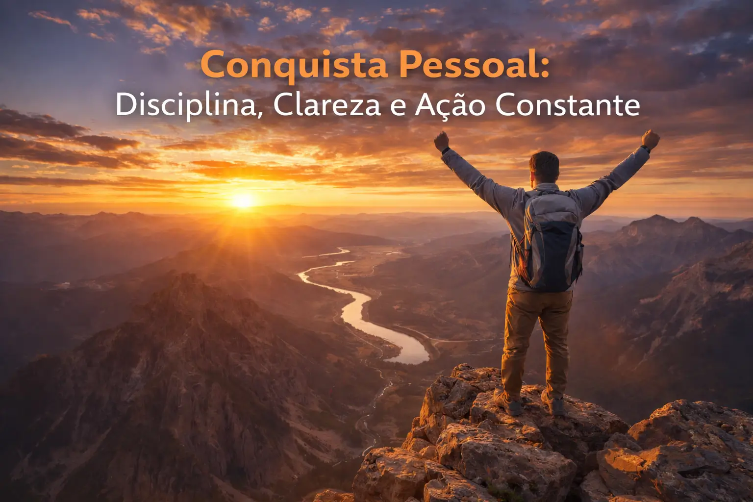 Pessoa no topo de uma montanha ao pôr do sol, simbolizando conquista pessoal, disciplina, clareza e ação constante na jornada de crescimento e sucesso.