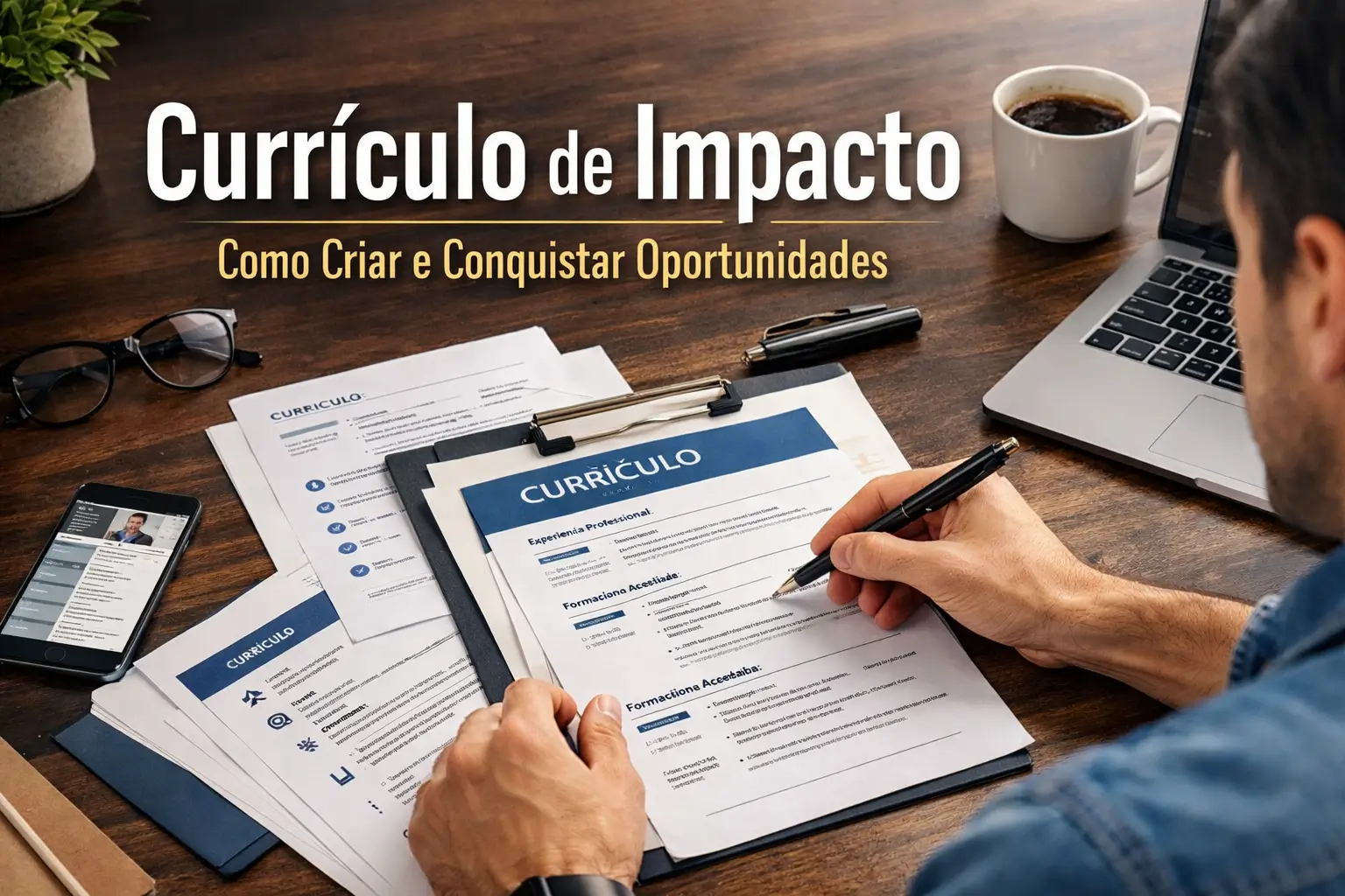 Pessoa revisando e ajustando um currículo impresso com caneta em mesa de trabalho com notebook e documentos, representando Currículo de Impacto: Como Criar e Conquistar Oportunidades com foco em organização e estratégia profissional.