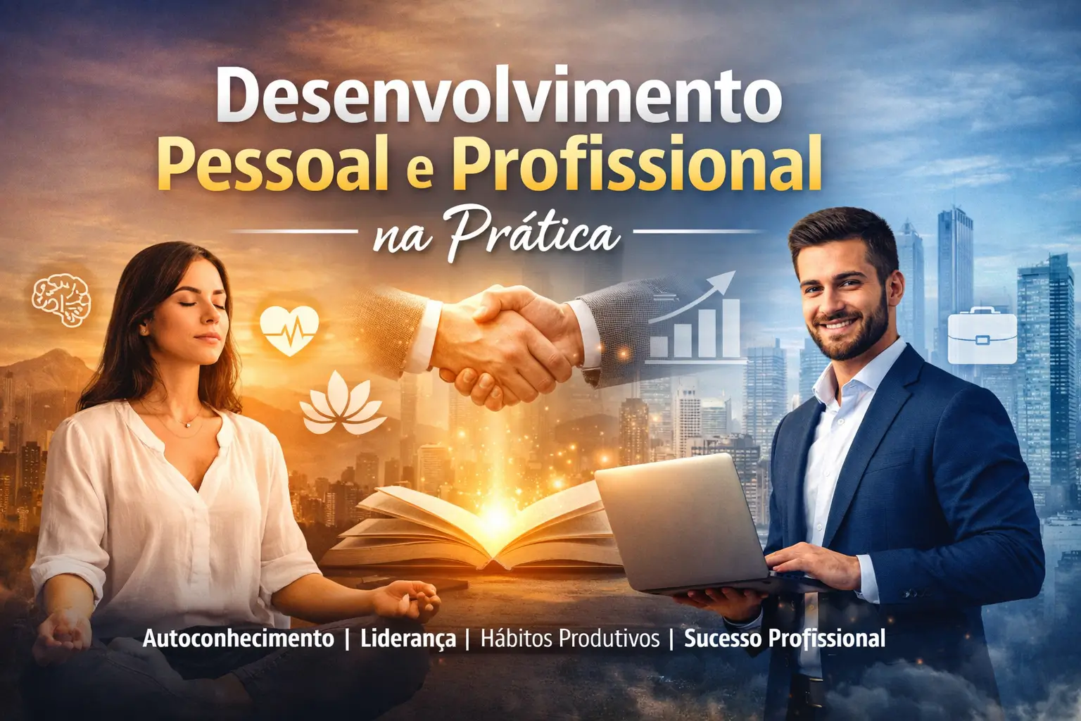 Desenvolvimento pessoal e profissional integrados, representados pelo equilíbrio emocional, aprendizado contínuo e crescimento na carreira, conectando autoconhecimento e resultados no trabalho.