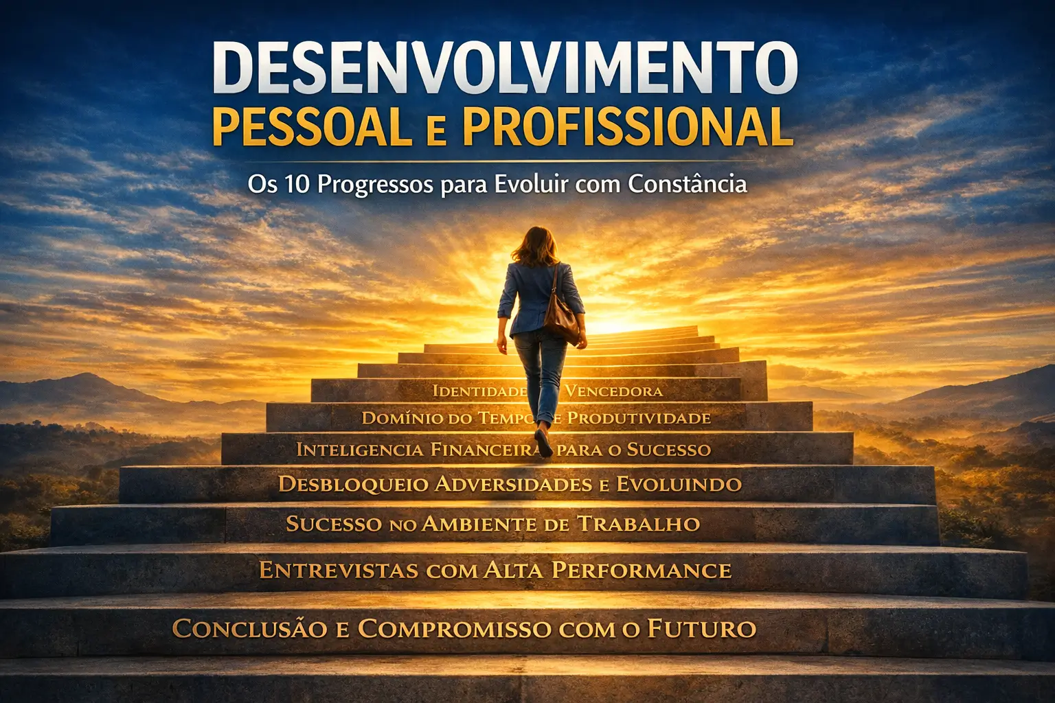 Pessoa subindo uma escada com 10 degraus simbolizando o desenvolvimento pessoal e profissional em etapas, rumo à alta performance e evolução contínua.
