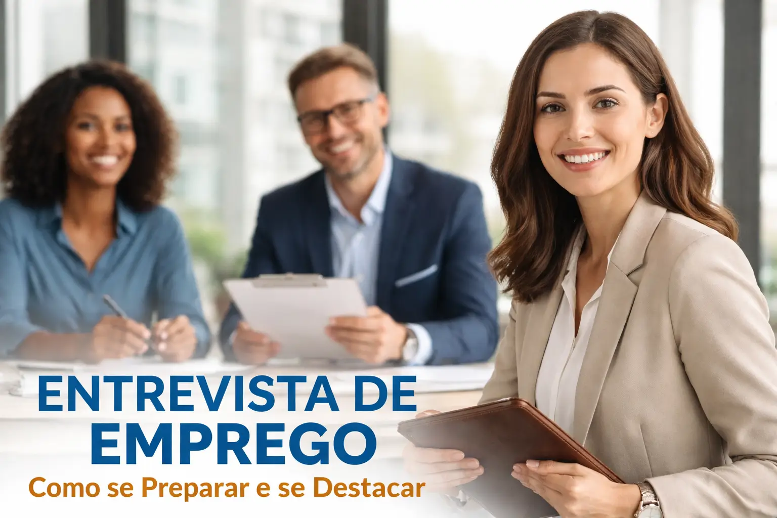 Profissional confiante em entrevista de emprego, sentada em ambiente corporativo moderno, demonstrando preparo, postura profissional e segurança diante dos recrutadores.