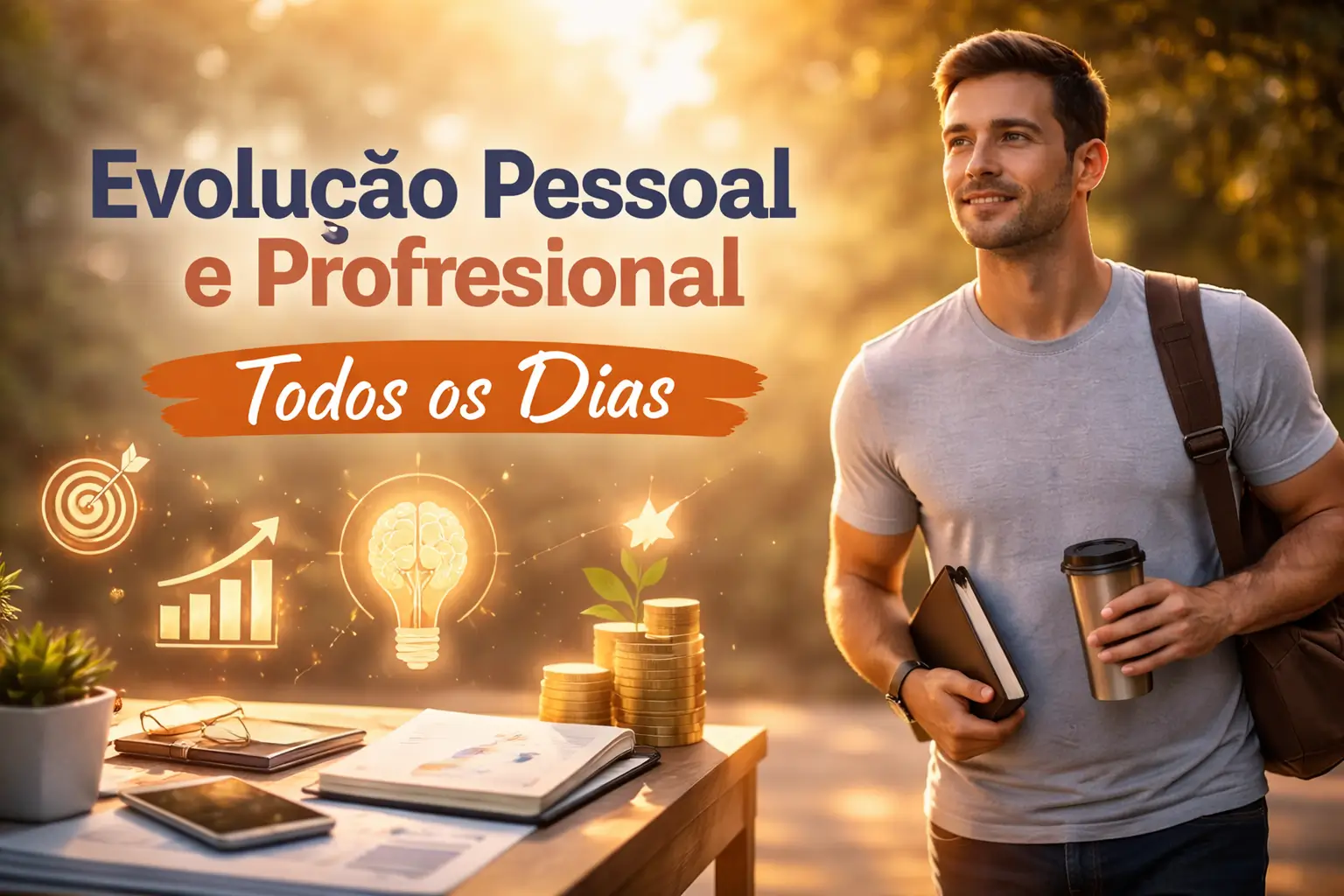 Homem caminhando com confiança ao entardecer, segurando um caderno e um copo de café, com elementos que simbolizam crescimento, aprendizado e progresso contínuo, representando a evolução pessoal e profissional construída diariamente.