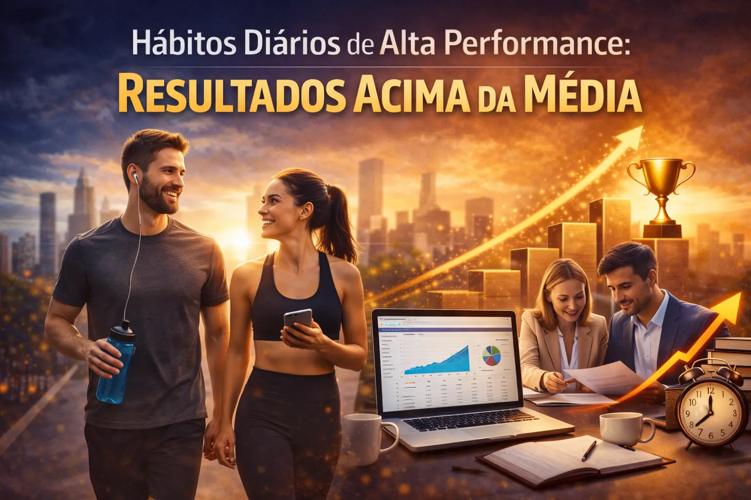Pessoas praticando hábitos diários de alta performance, combinando atividade física, planejamento profissional e análise de resultados, simbolizando disciplina, constância e crescimento acima da média em um ambiente urbano moderno.