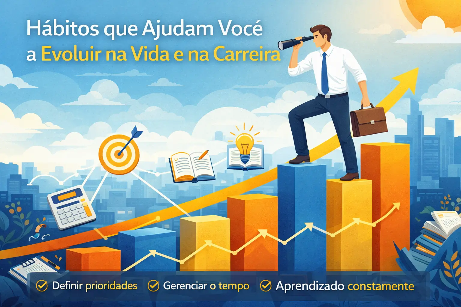 Profissional subindo barras de crescimento com maleta e olhando para o horizonte, com ícones de metas, estudo e planejamento, representando Hábitos que Ajudam Você a Evoluir na Vida e na Carreira com disciplina e progresso contínuo.