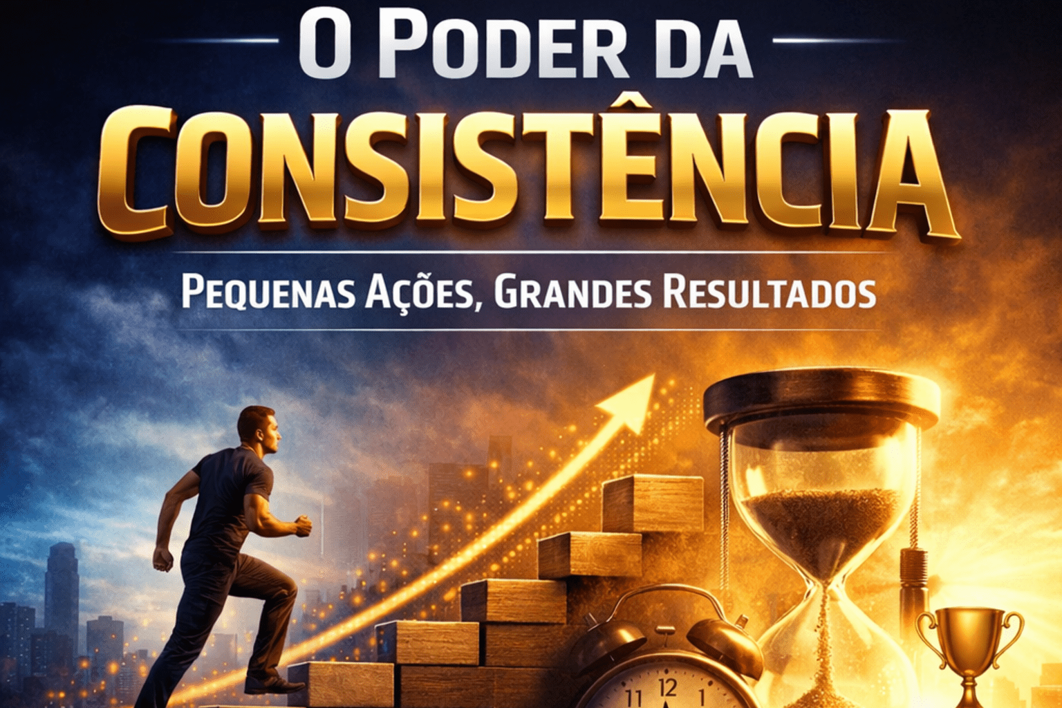 Ilustração mostrando um homem subindo degraus simbolizando progresso, com um relógio, uma ampulheta e uma seta ascendente representando o poder da consistência, do tempo e das pequenas ações rumo a grandes resultados reais.