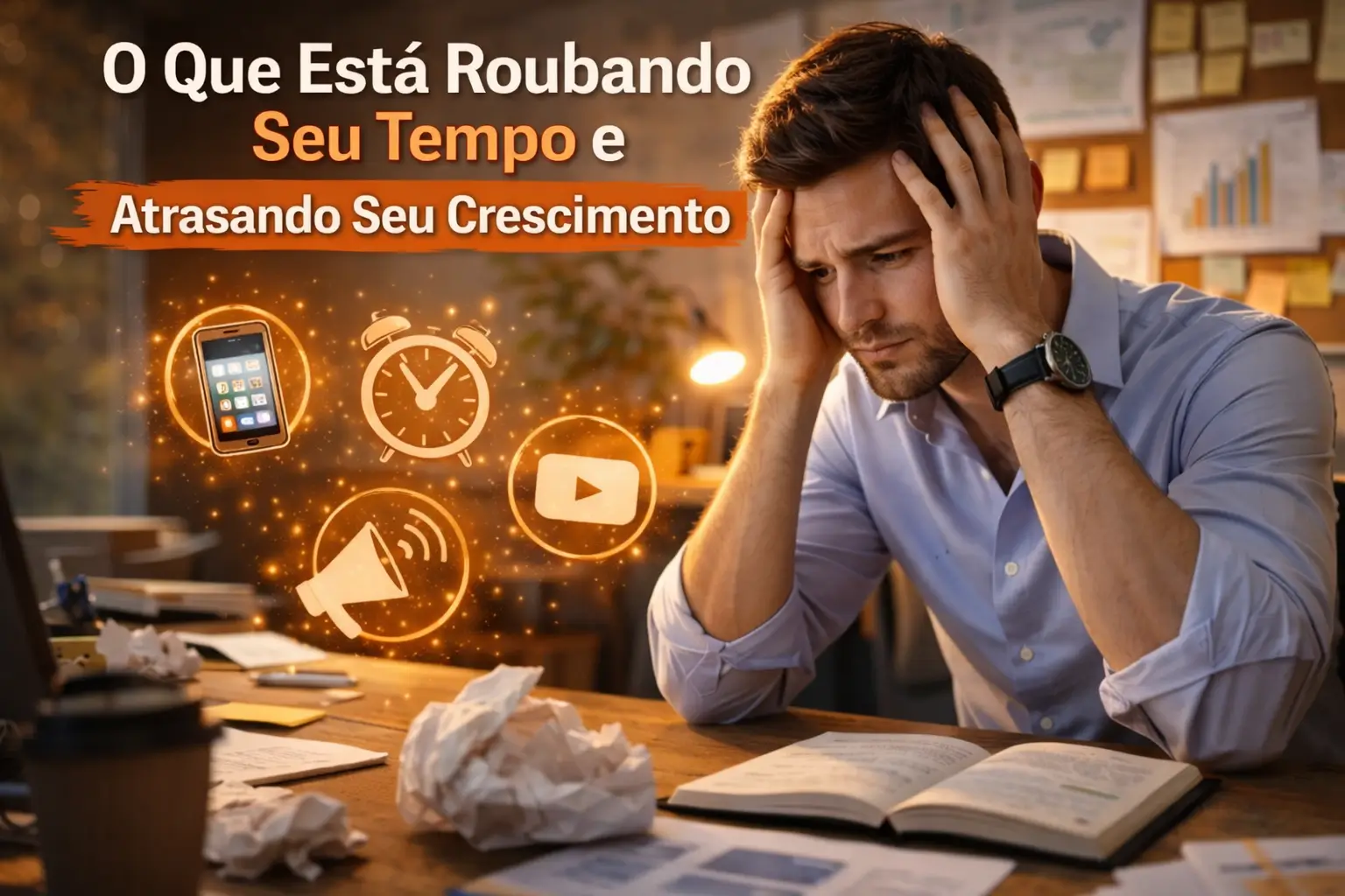 Homem com expressão de cansaço segurando a cabeça enquanto trabalha, com ícones de celular, relógio e distrações ao redor, representando o que está roubando seu tempo e atrasando seu crescimento na rotina diária.
