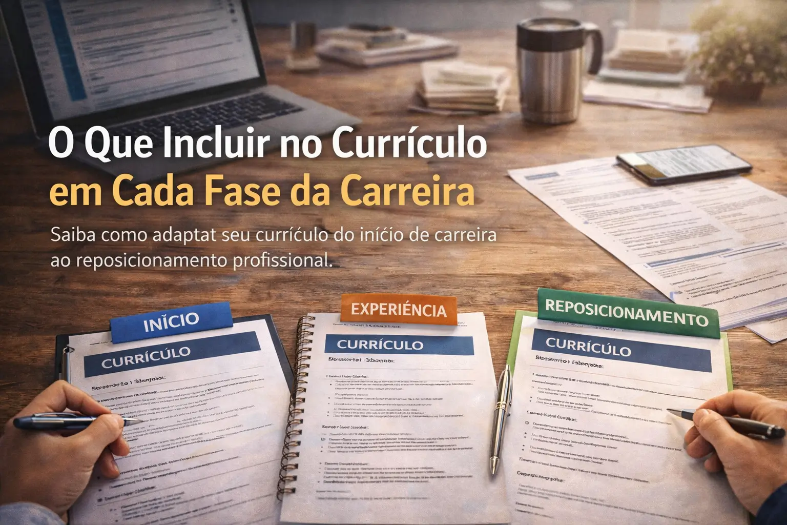 Mesa de trabalho com três currículos representando início de carreira, experiência profissional e reposicionamento, mostrando: O que incluir no currículo em cada fase da carreira representado por três currículos mostrando início profissional, experiência e reposicionamento.