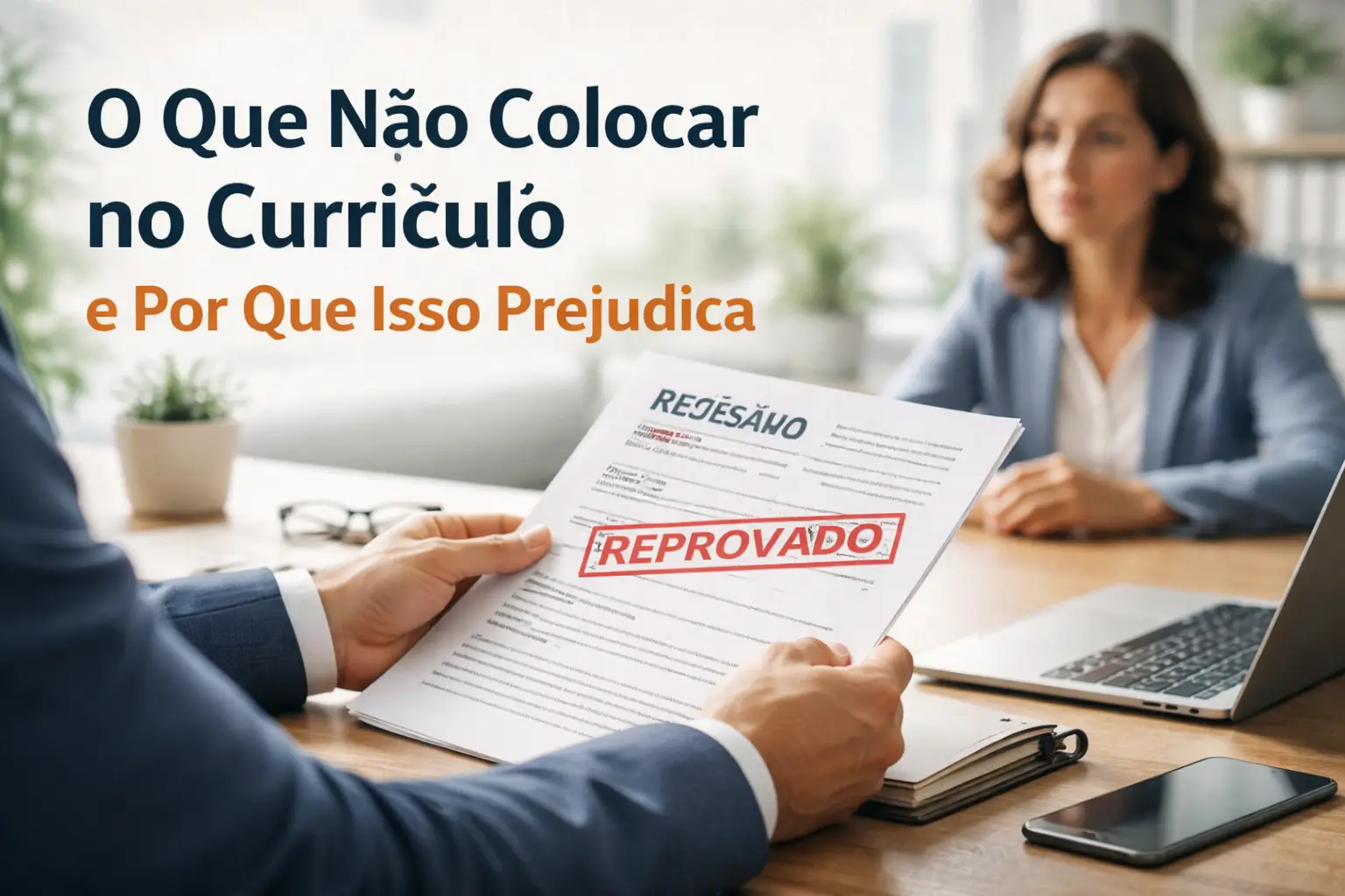 Imagem sobre o que não colocar no currículo e por que isso prejudica, com recrutador analisando um currículo marcado como reprovado em processo seletivo