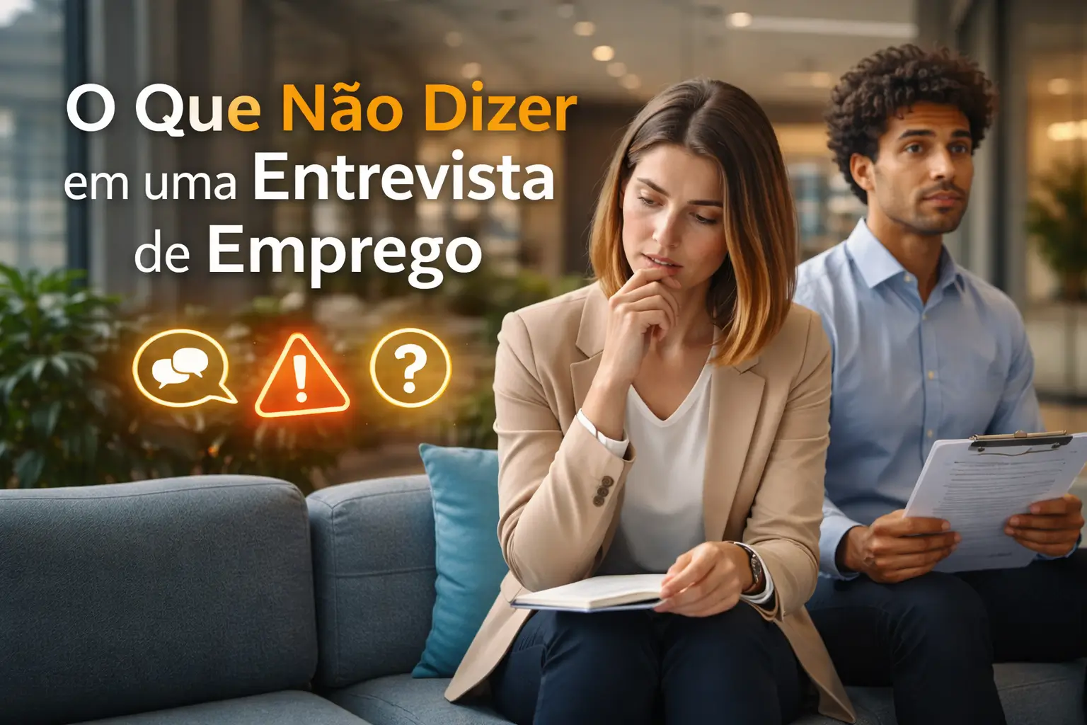 Candidatos aguardando entrevista de emprego em ambiente corporativo moderno, refletindo sobre o que não dizer em entrevista de emprego e como se posicionar com comunicação profissional.