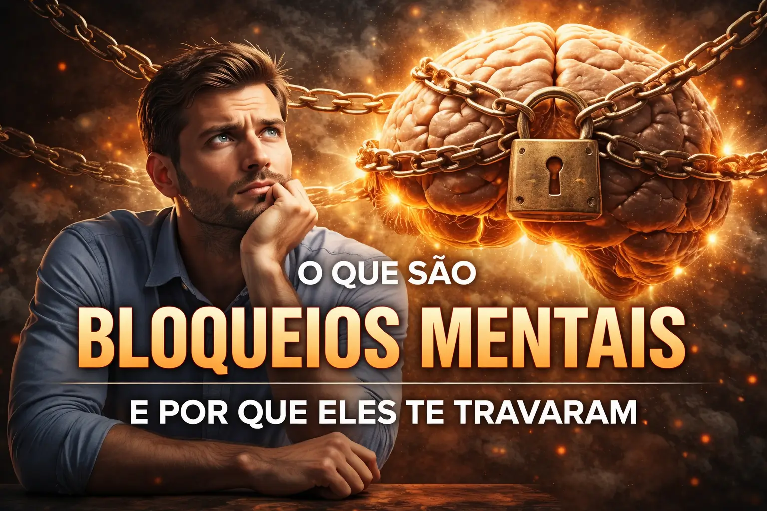 Homem refletindo diante de um cérebro acorrentado com cadeado, representando bloqueios mentais que travam decisões, ações e crescimento pessoal.