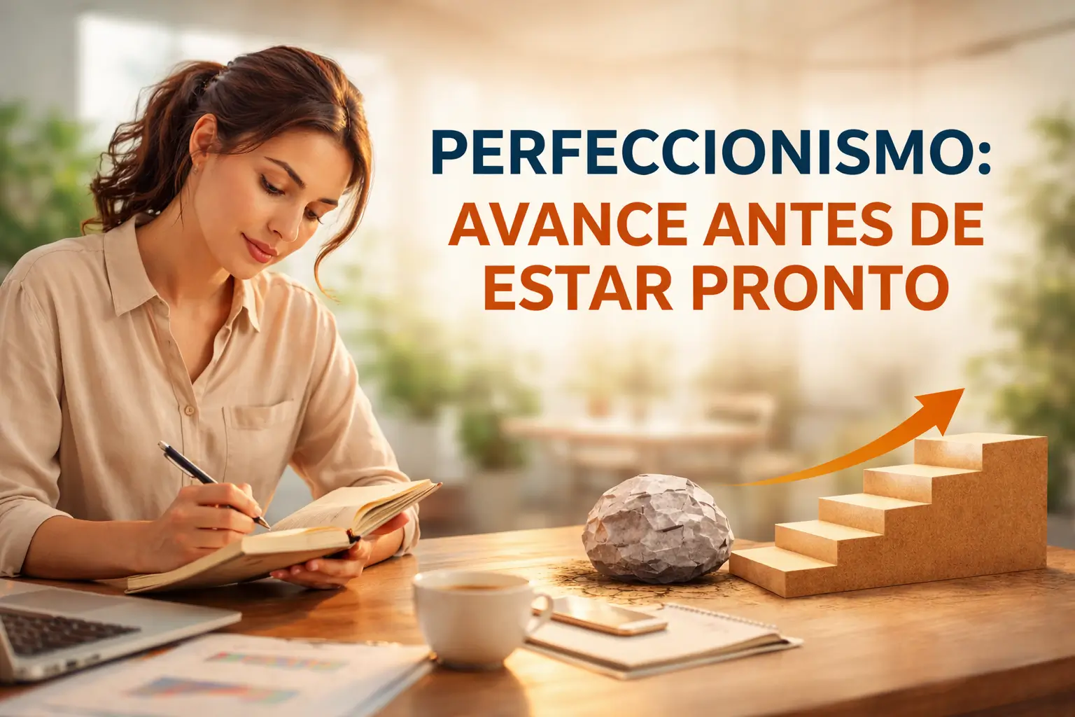 Mulher concentrada escrevendo em um caderno em ambiente de trabalho moderno, com degraus e seta de crescimento ao lado, simbolizando avanço mesmo sem perfeição.