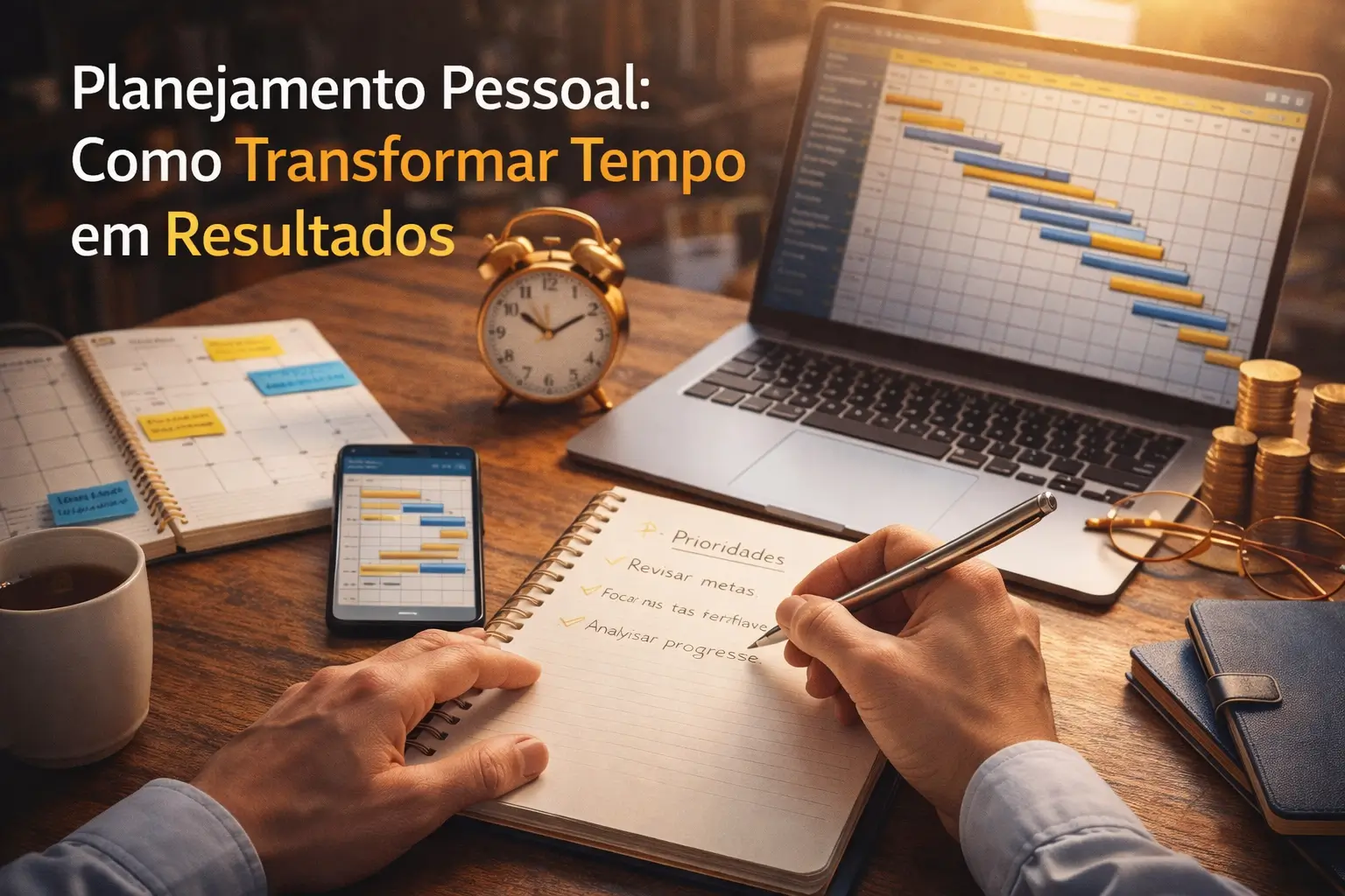 Planejamento pessoal sendo organizado na prática, com pessoa anotando prioridades em caderno, gráficos de Gantt em laptop e celular, relógio e calendário representando gestão do tempo e foco em resultados.