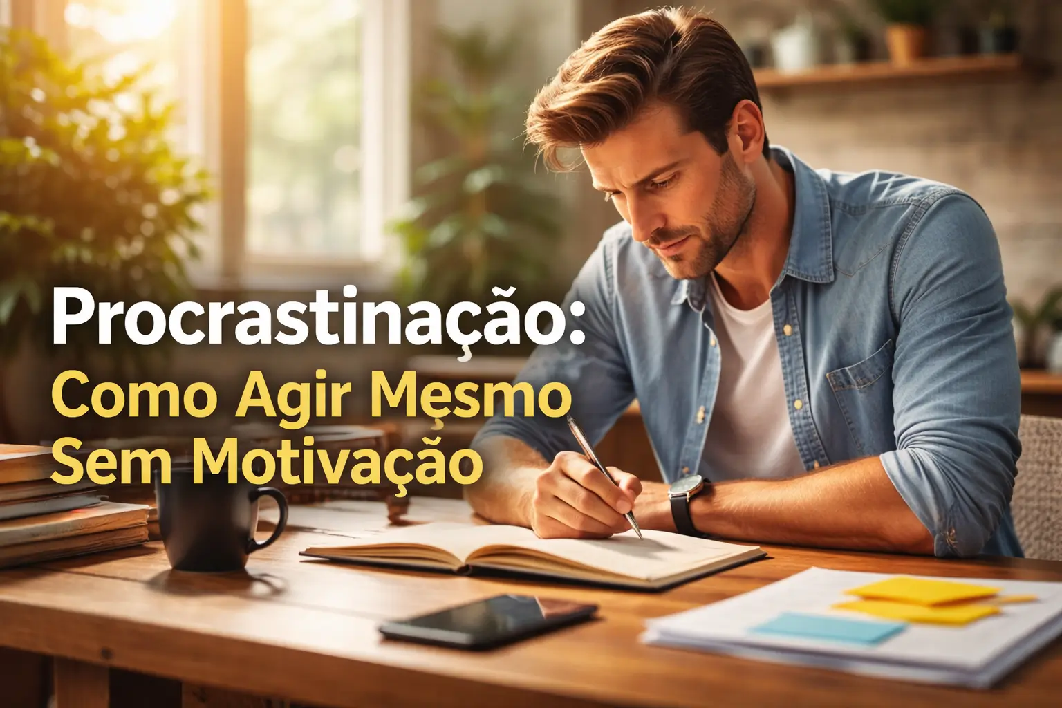 Homem concentrado escrevendo em um caderno no home office, representando ação prática e foco mesmo sem motivação inicial.