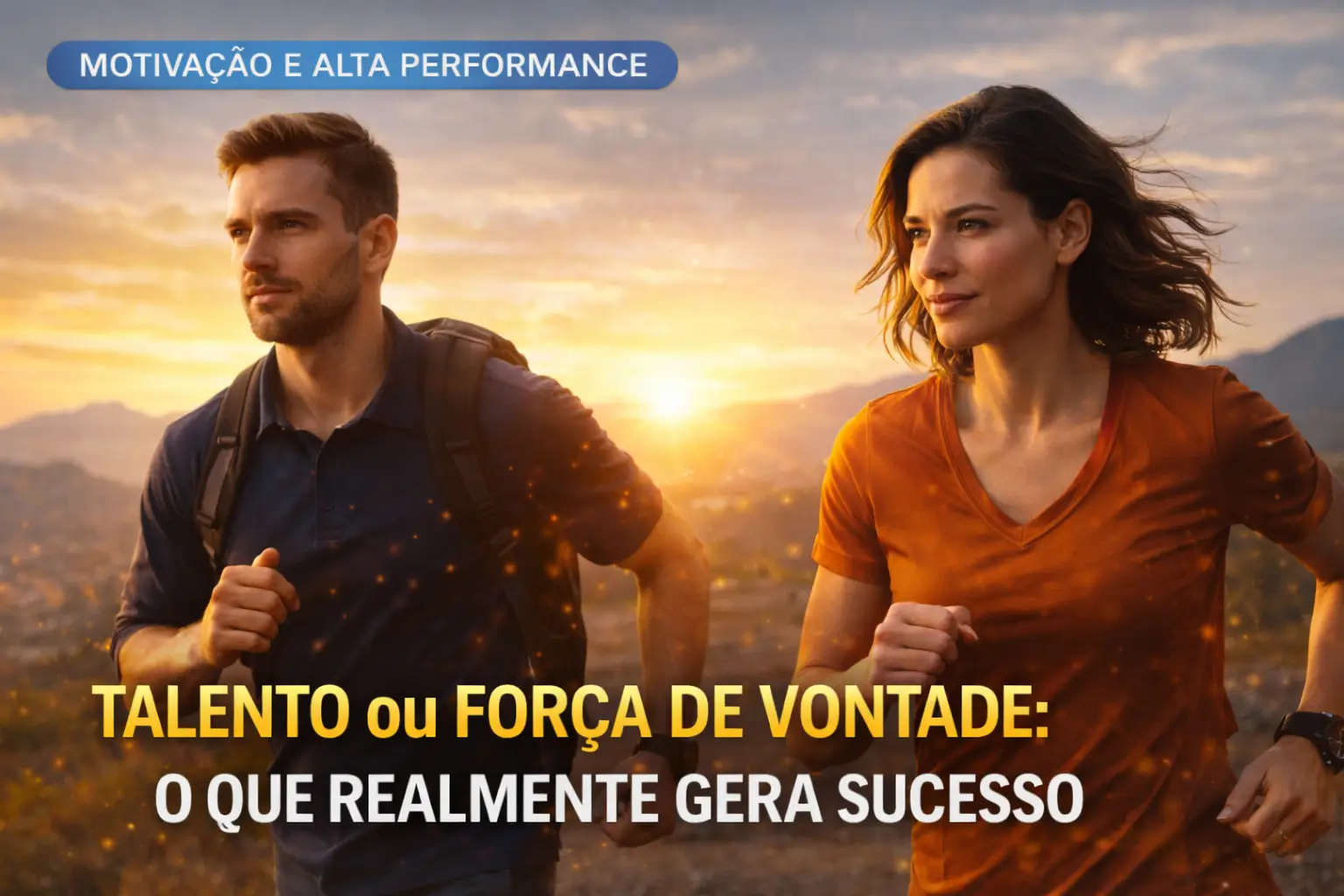 Homem e mulher correndo lado a lado ao pôr do sol, simbolizando disciplina, força de vontade e constância no caminho do sucesso pessoal e profissional.
