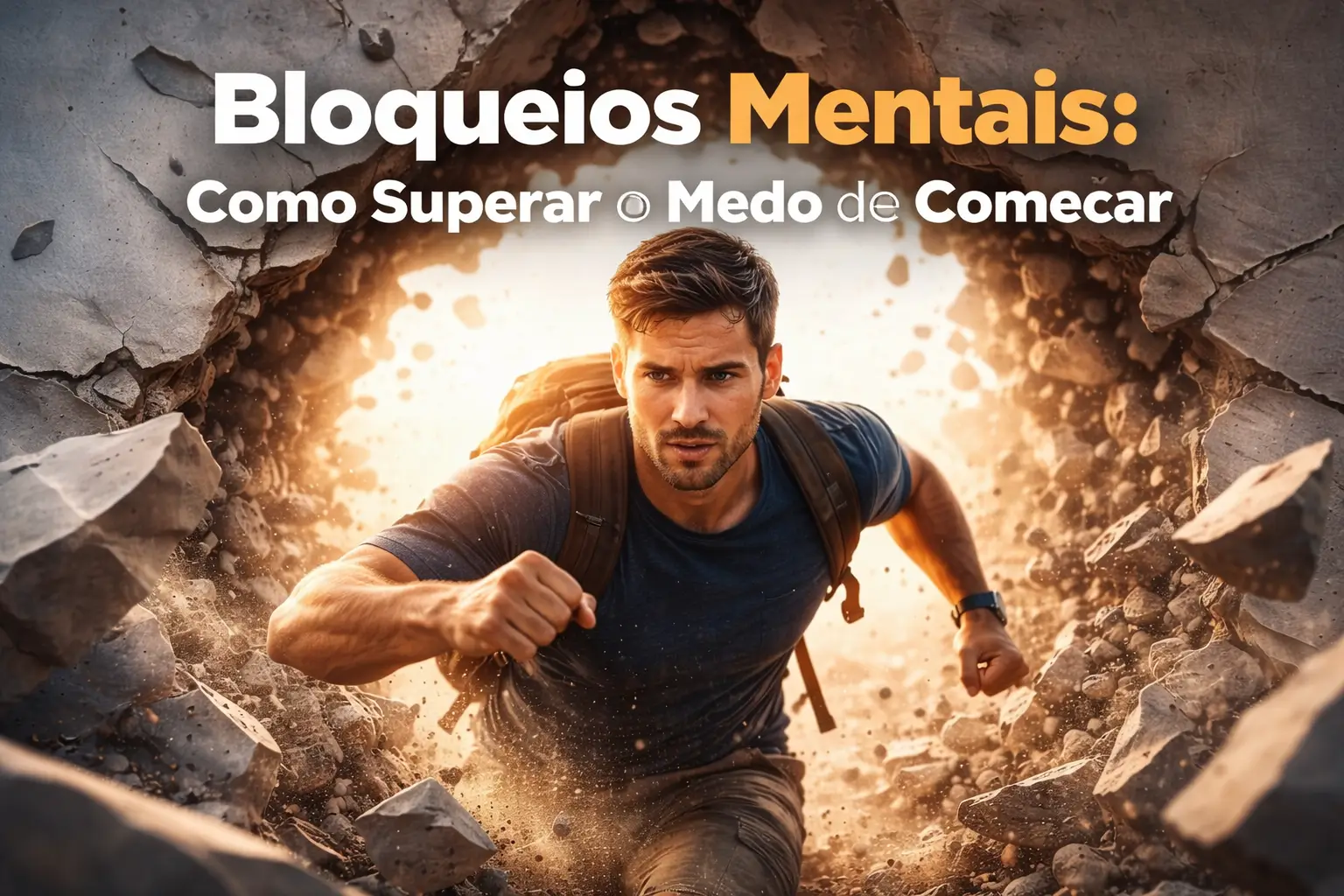 Pessoa rompendo uma barreira simbólica à frente, representando a superação de bloqueios mentais e o enfrentamento do medo de começar um novo caminho.