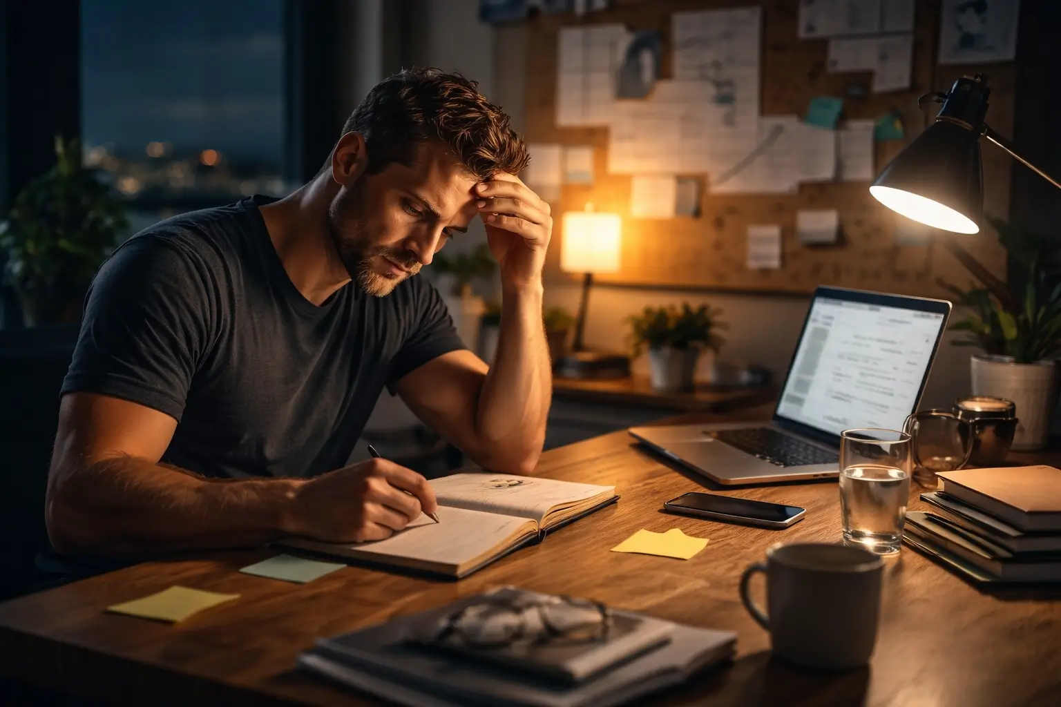 Profissional trabalhando à noite com foco e concentração, mesmo cansado, simbolizando clareza, disciplina e a busca por direção em meio ao desgaste mental.