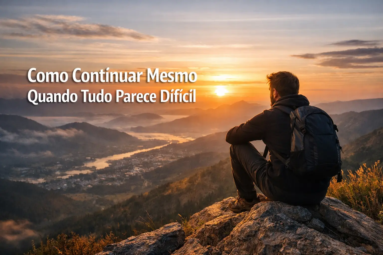 Pessoa sentada no topo de uma montanha ao amanhecer, refletindo sobre como continuar mesmo quando tudo parece difícil, simbolizando disciplina, foco e crescimento pessoal.