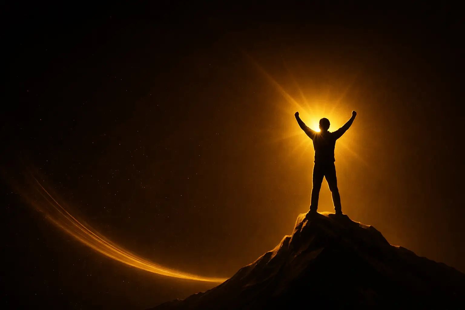 Silhueta de pessoa no topo de uma montanha com os braços erguidos diante de uma luz dourada intensa ao fundo, simbolizando identidade vencedora, superação e crescimento pessoal.