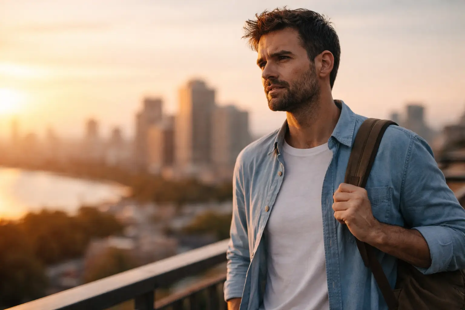 Pessoa em um terraço urbano ao pôr do sol, com expressão reflexiva e postura firme, simbolizando a escolha diária de continuar mesmo cansado, com direção e maturidade emocional.